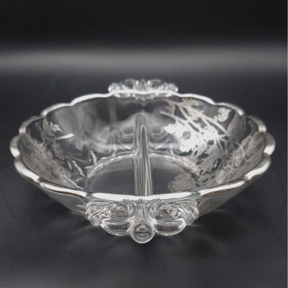 Silver City Glass Flanders Poppy Silver Overlay Crystal Divided Scalloped Dish - Picture 3 of 10